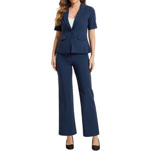 Short Sleeve Blazer Jackets Wide Leg Pants Casual 2 Piece Outfits Dark Blue